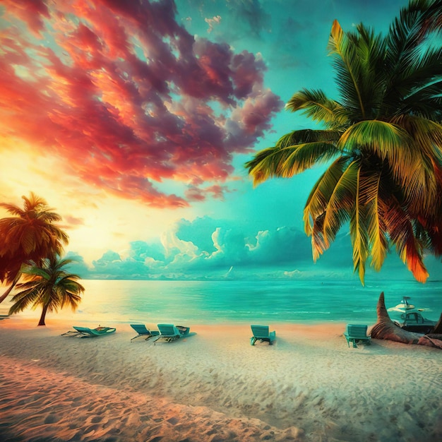 A picture of a beach with a sunset and palm trees.
