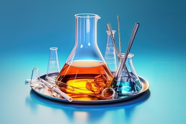 '화학'이라는 글이 새겨진 파란색 배경의 컵의 사진