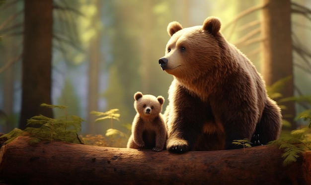 a picture of a bear and her cub in the woods