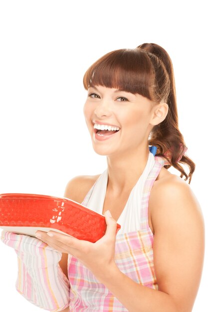 picture of beautiful cooking housewife over white