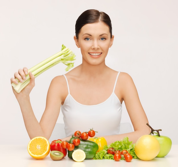 picture of beautiful woman with fruits and vegetables