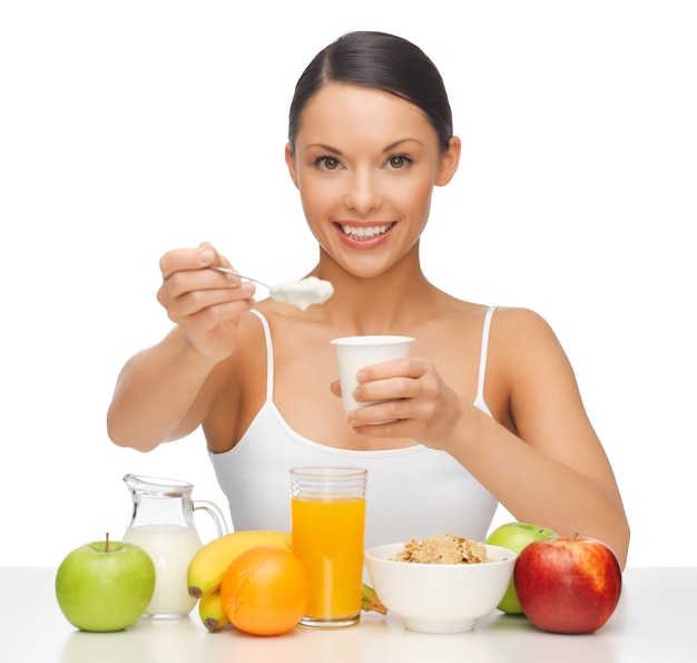 picture of beautiful woman with fruits and yogurt