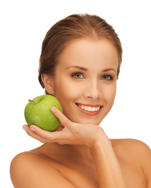 picture of beautiful woman with green apple.