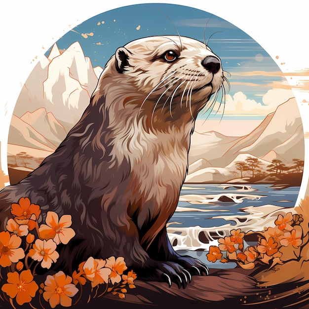 a picture of a beaver with flowers and mountains in the background.