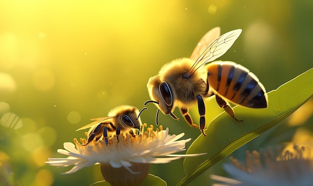 a picture of bees on a flower with the sun behind them