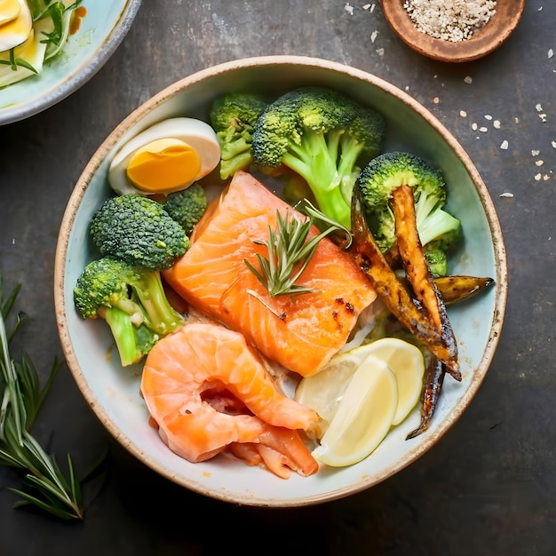 Picture a big bowl of food that includes veggies and seafood