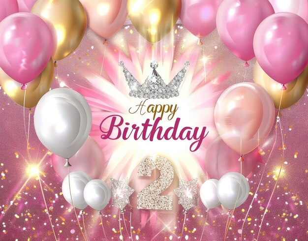 a picture of a birthday card with balloons and a crown with a crown on it