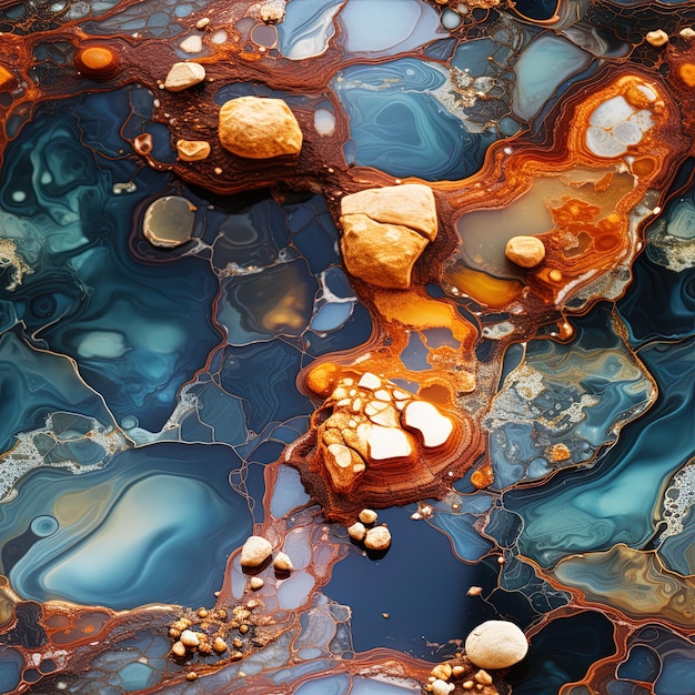 a picture of a blue and orange colored water with many different colors.