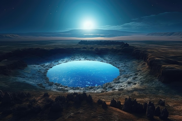 A picture of a blue pool with a moon in the sky