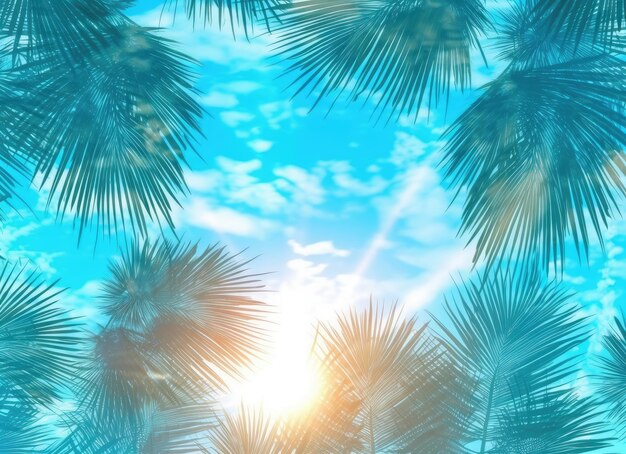 A picture of a blue sky with palm trees in the foreground