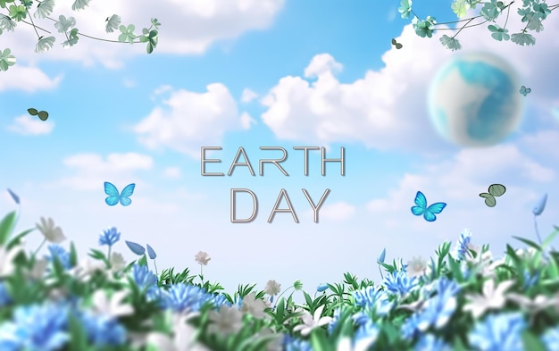 a picture of a blue and white flower with the words earth day on it