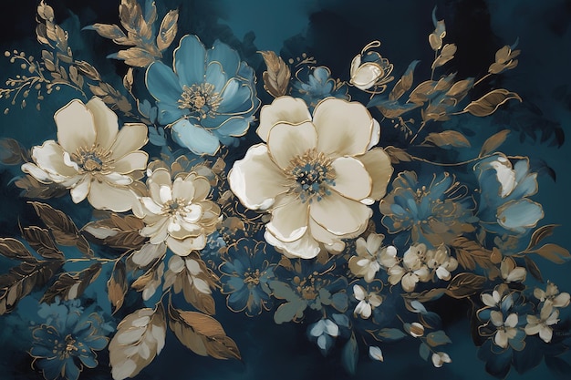 a picture of blue and white flowers on a blue backdrop