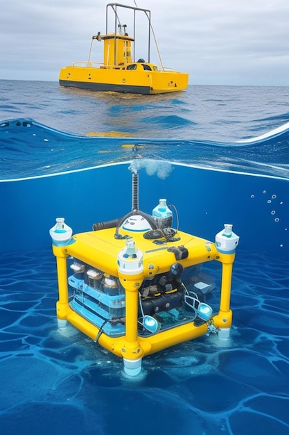 A picture of a blue and white remotely controlled underwater vehicle ROV that uses IoT