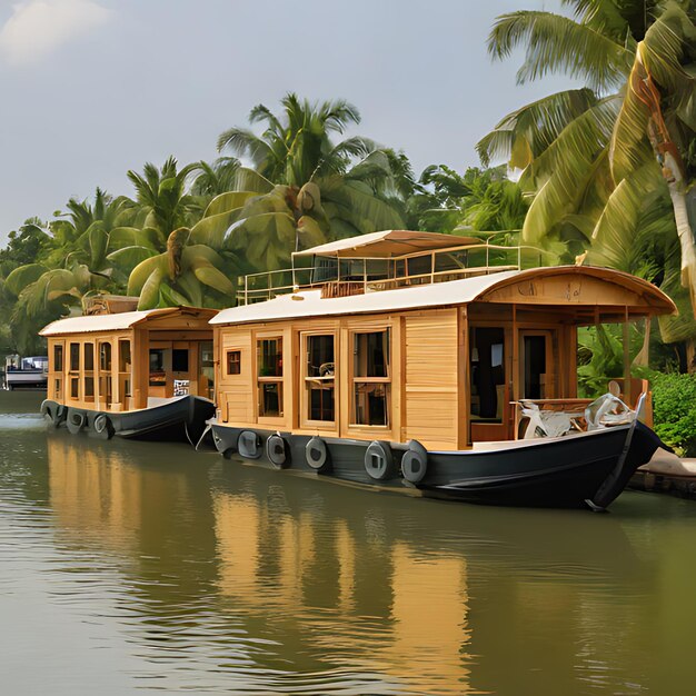 a picture of a boat called a houseboat with a white roof