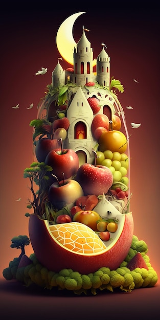 A picture of a bottle with fruit and a castle on it