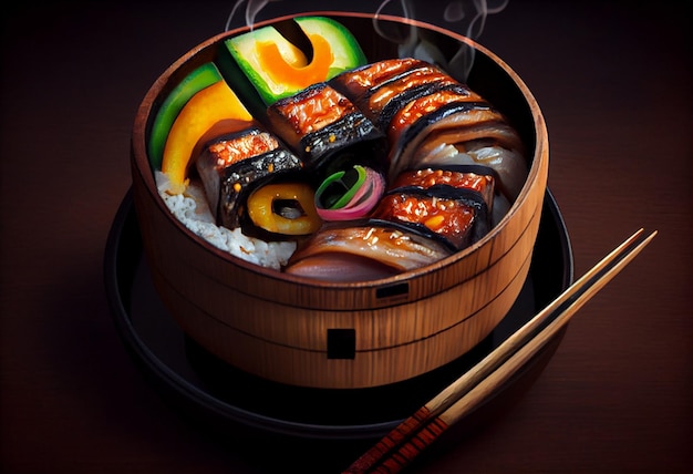 A picture of a bowl of food with a chopsticks on it.