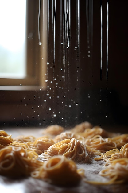 A picture of a bowl of pasta with drops of water on it.