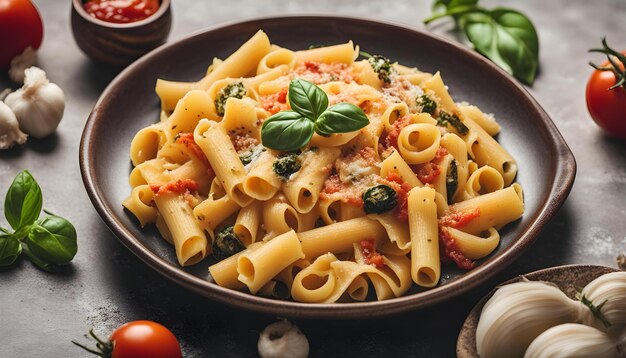 a picture of a bowl of pasta with tomatoes and basil