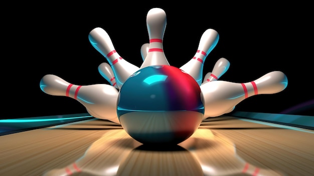 ボウリングのボールがピンを打ち、ストライクを記録している画像 ボウリングの背景 ボウリングの 3D レンダリング