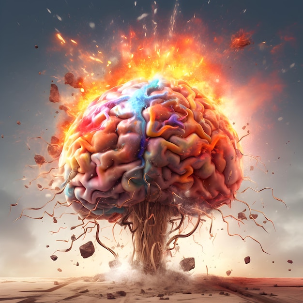 A picture of a brain with a fireball on it