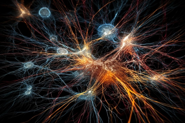 A picture of a brain with orange and blue lights.