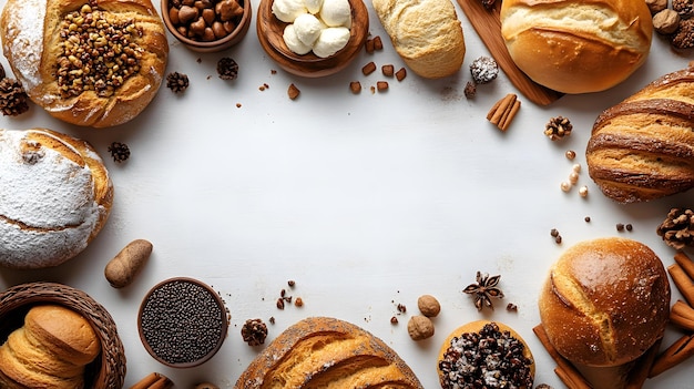 a picture of breads and various spices on a white table