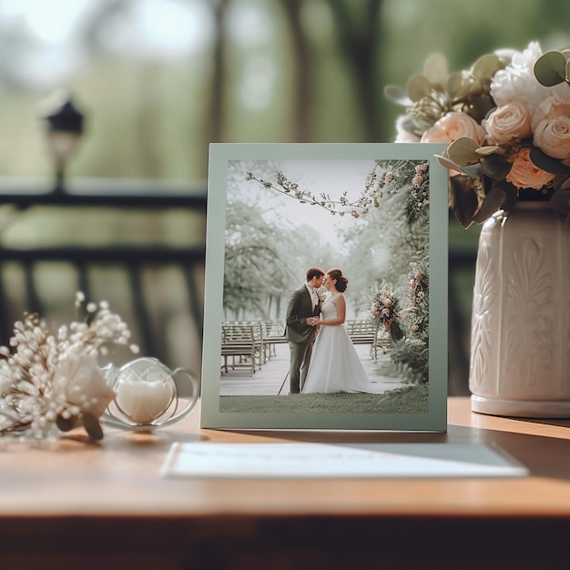 a picture of a bride and groom on a table.