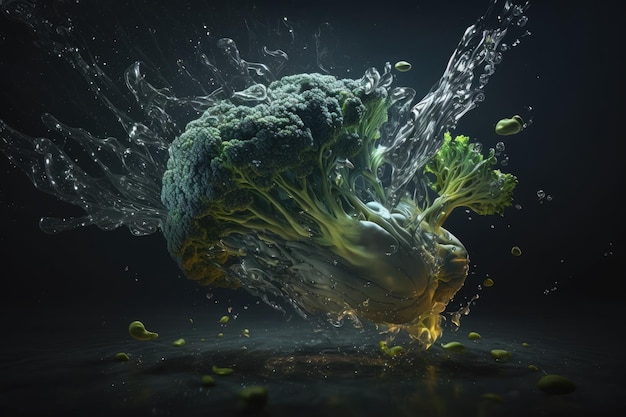 A picture of broccoli falling in water with a dark backdrop