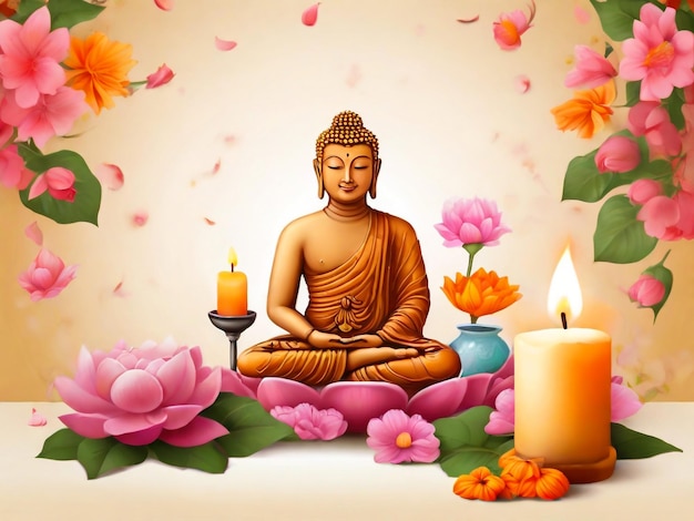 a picture of a buddha sitting in front of a candle and flowers