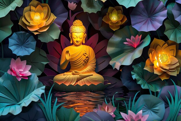 a picture of a buddha sitting in front of flowers