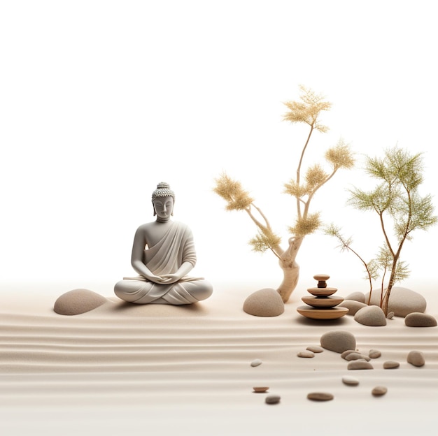 Foto l'immagine di un buddha seduto davanti a un albero con alcune piante.