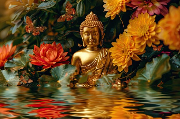 a picture of a buddha sitting in the water with flowers and a flower