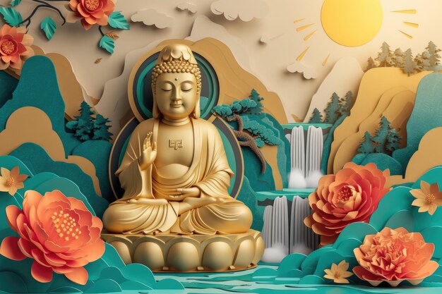 Foto un'immagine di una statua di buddha con fiori e un luogo di culto