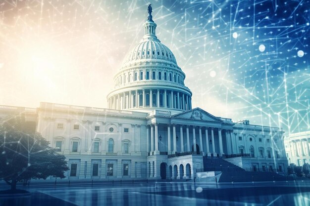 a picture of a building with a background of a blue and white image of a united states capitol