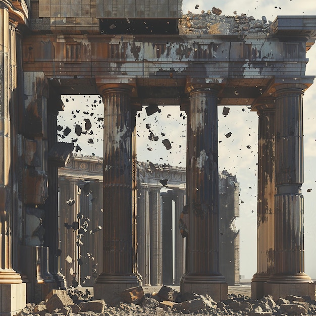 Foto un'immagine di un edificio con una colonna rotta e un edificio rotto sullo sfondo