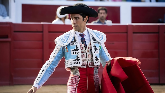 Photo picture of a bullfighter or matador in traditional clothes and red fabric