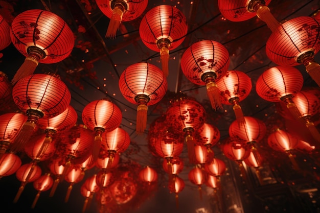 A picture of a bunch of red lanterns hanging from the ceiling This image can be used to add a festive and vibrant atmosphere to various events and decorations