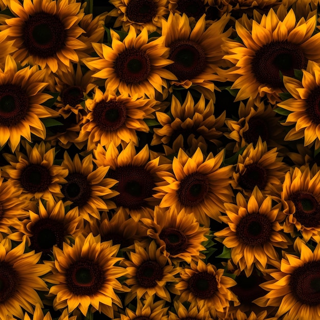 A picture of a bunch of sunflowers that are yellow and black
