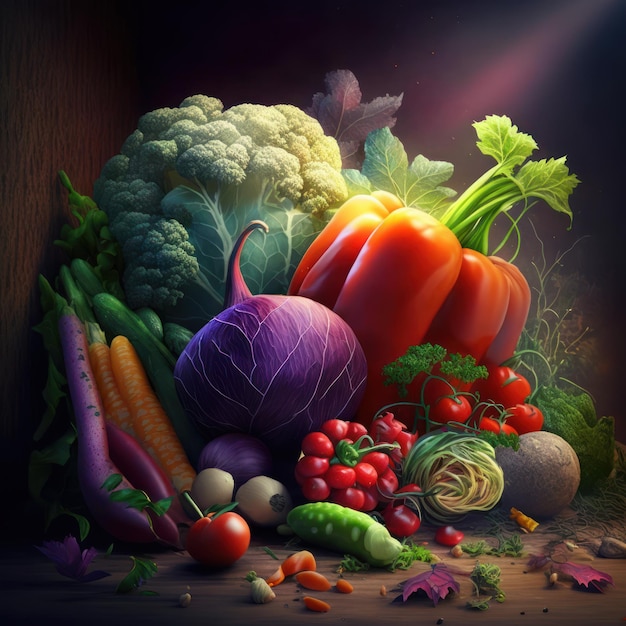 A picture of a bunch of vegetables with a bright light behind it.