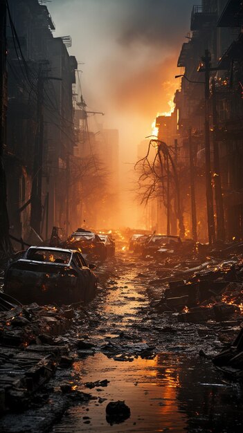 a picture of a burnedout city during a firestorm