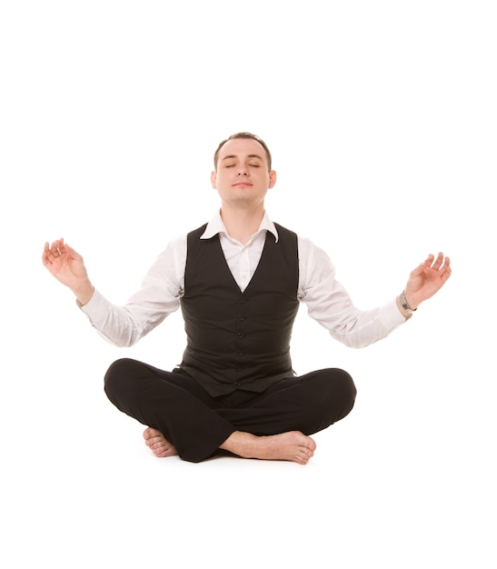 picture of businessman sitting in lotus pose