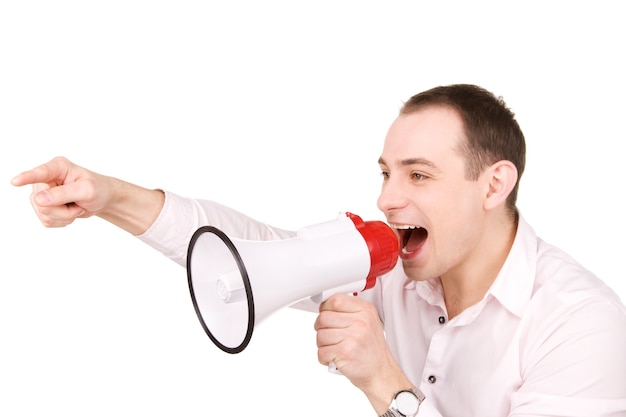 picture of businessman with megaphone over white