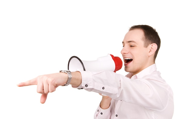 picture of businessman with megaphone over white