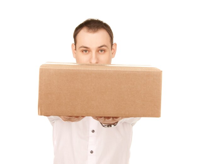 Photo picture of businessman with parcel over white