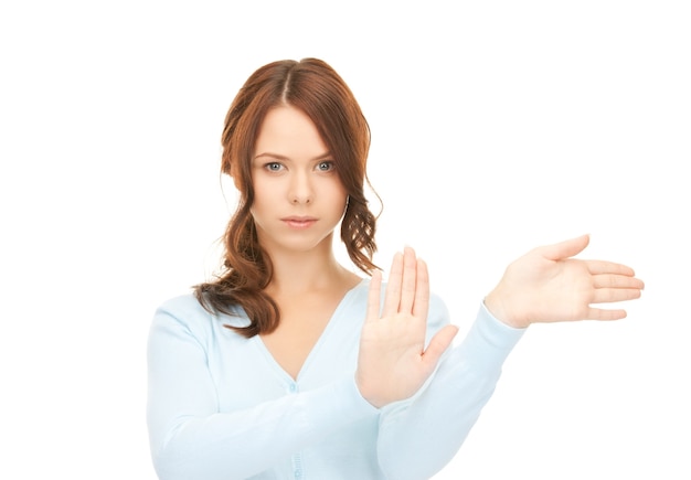 Photo picture of businesswoman working with something imaginary