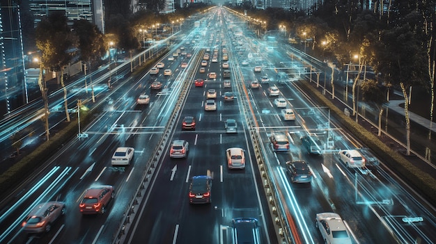 a picture of a busy street with cars and a traffic light