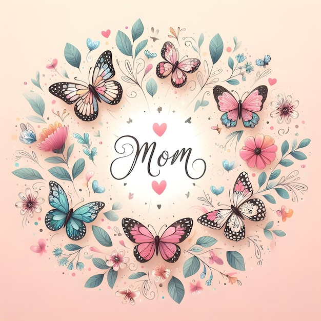 Картина бабочек и цветов со словом "мама"