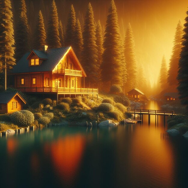 a picture of a cabin with a cabin in the background