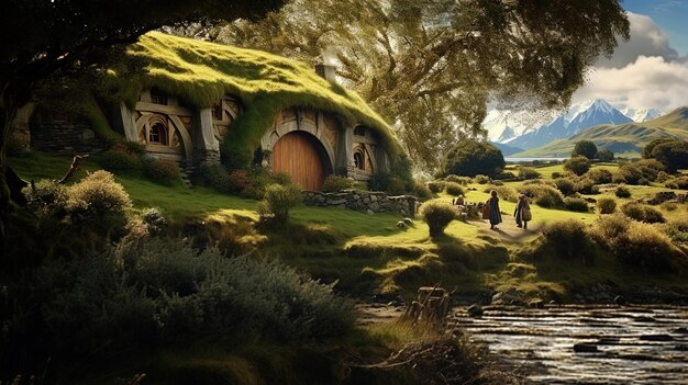 緑の草で覆われた屋根を持つ小屋の写真