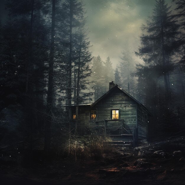 a picture of a cabin with a light on the window